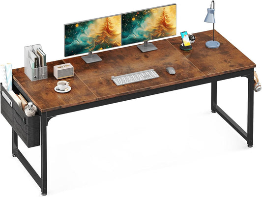 Computer Desk Large Office Desk, 63 Inch Gaming Desk with Storage, Modern PC Desk Work Table with Headphone Hook for Home Office, Splice Board, Rustic Brown-0