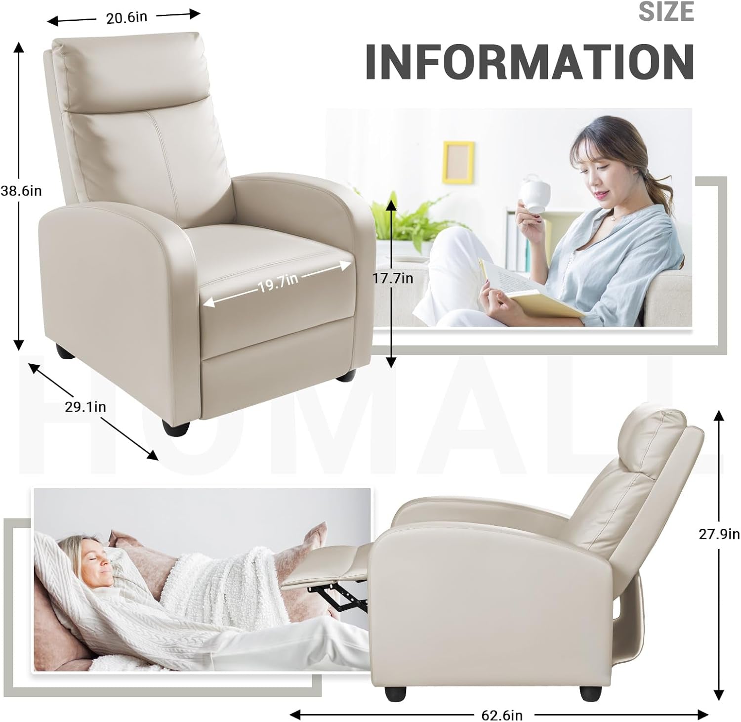 Recliner Chair, Recliner Sofa for Adults, Recliners Home Theater Seating with Lumbar Support, Reclining Sofa Chair for Living Room (Leather, Beige)-2