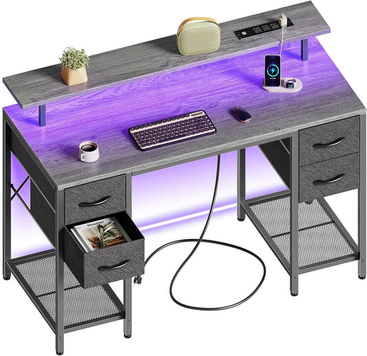 47 Inch Computer Desk with 4 Drawers, Gaming Desk with LED Lights & Power Outlets, Home Office Desk with Large Storage Space for Bedroom, Work from Home, Grey-0