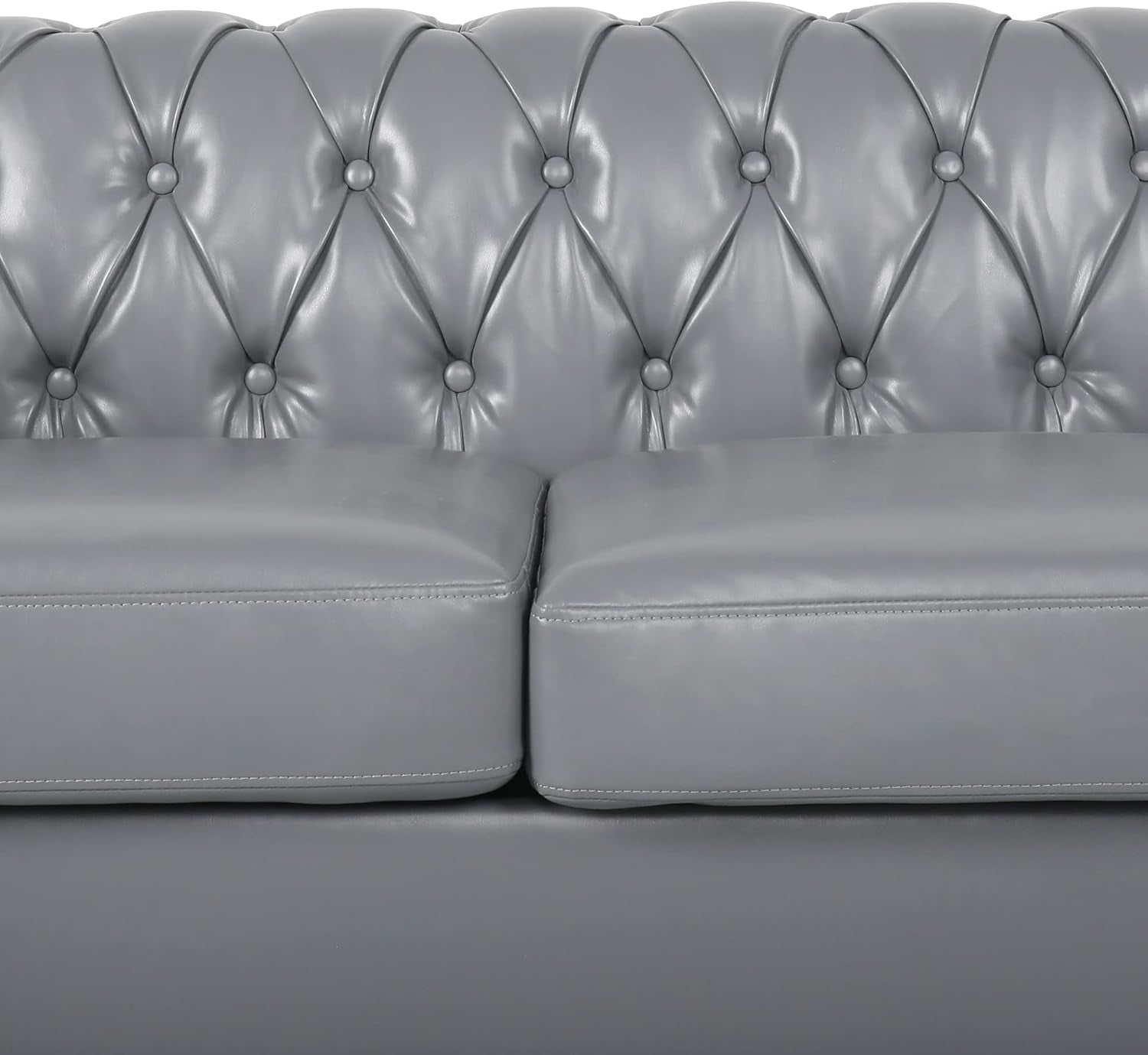 Modern 2 Pieces Living Room Sofa Set, Tufted Button Faux Leather Chesterfield Three-Seater Couch and Chesterfield Loveseat with Nailhead Trim Scroll Arms for Home Furniture, Grey-4