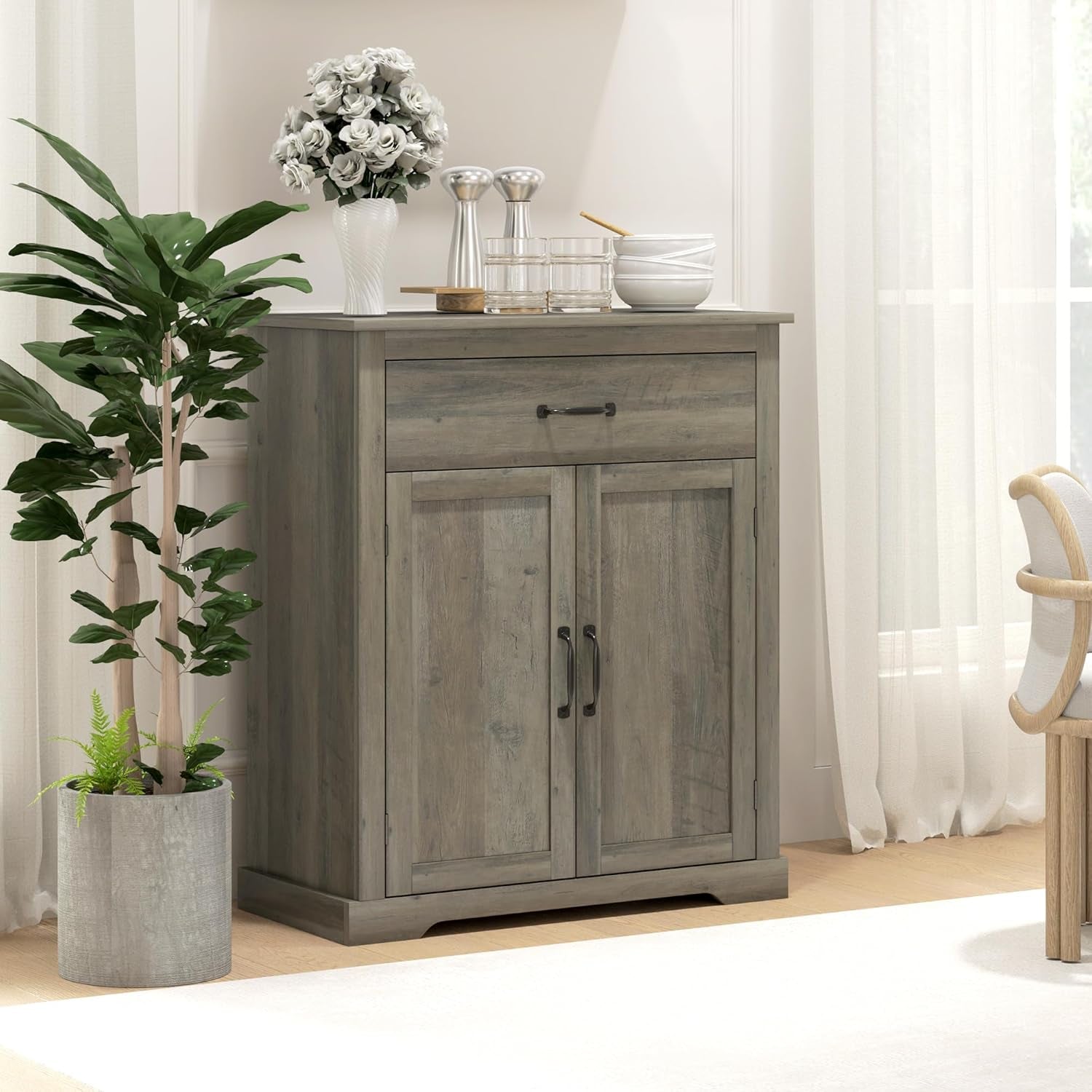 Gray Farmhouse Sideboard Buffet Cabinet with Drawer Shelf-0