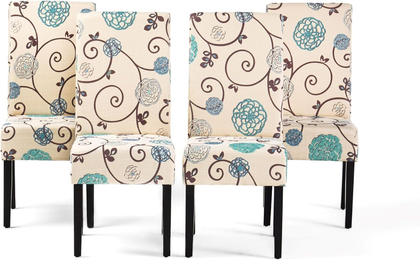 Evangeline Contemporary Fabric Dining Chairs (Set of 4), 17.5D X 26.75W X 39H Inch, Light Beige with Blue Floral, Espresso-3