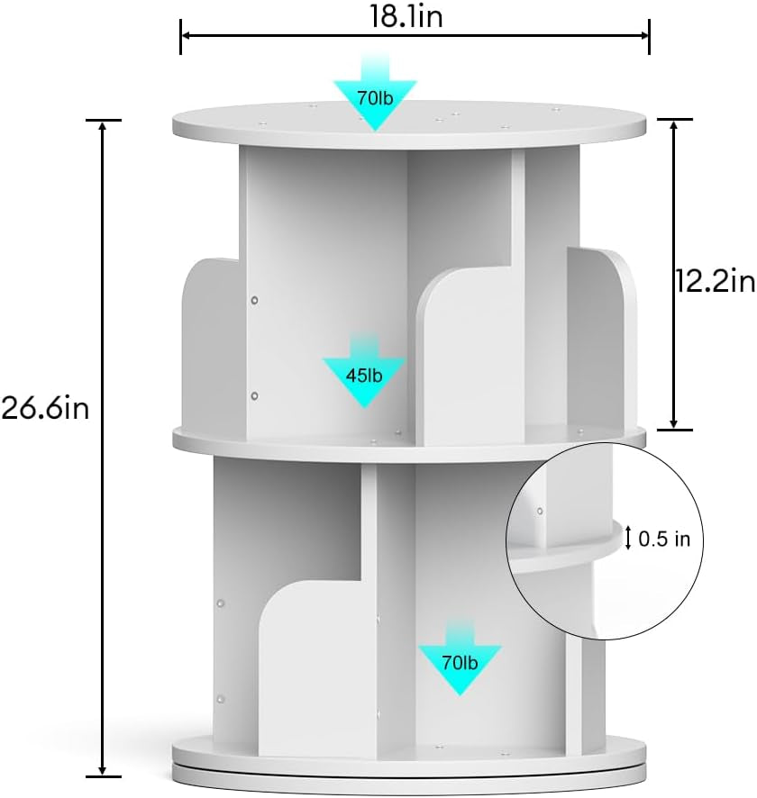 Rotating Bookshelf, Revolving Bookcase 360 Display round Bookshelf Narrow Swivel Corner Book Shelf Standing Bookcase for Adult Bedroom, Living Room (White, 2 Tier)-1