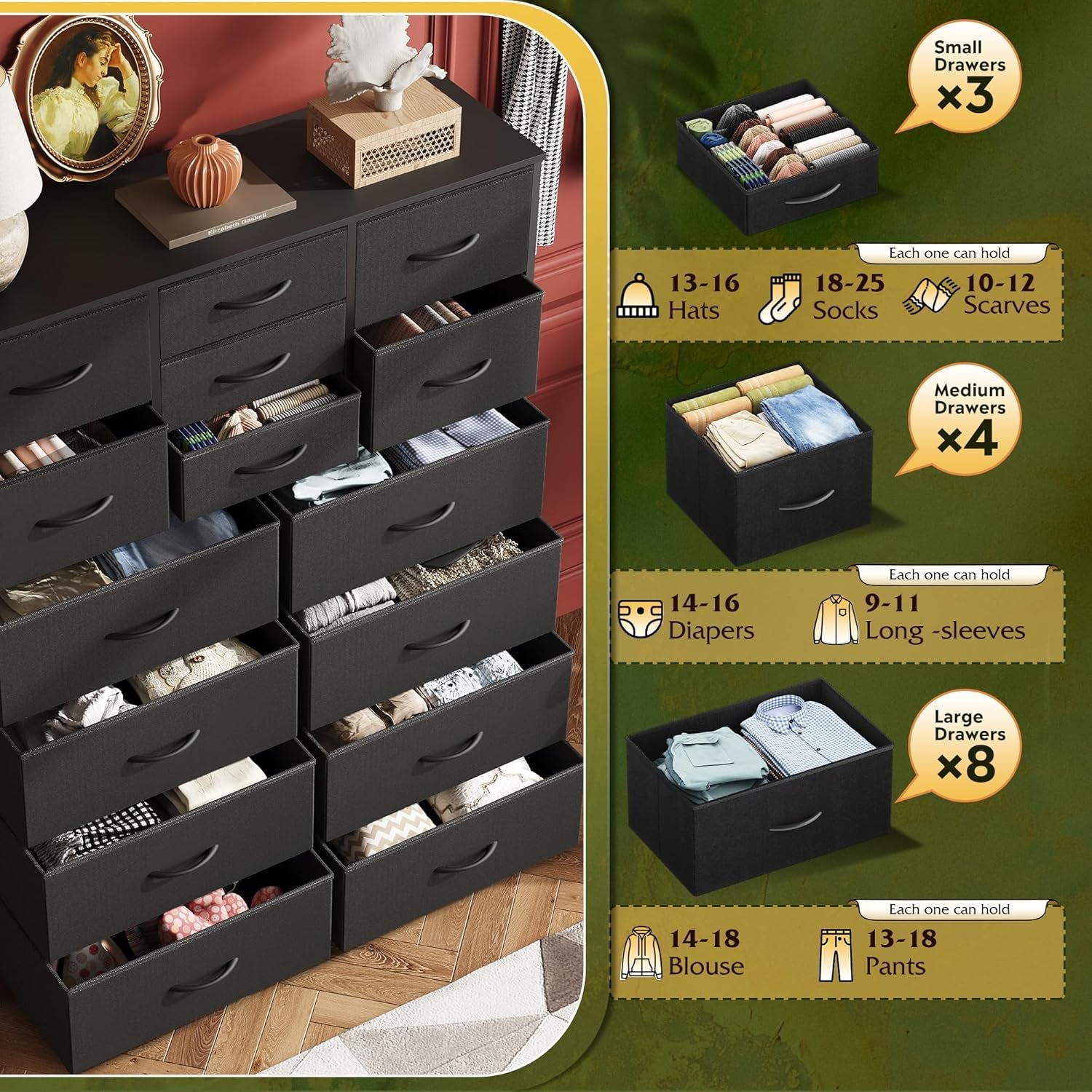 Tall Black Dresser for Bedroom Furniture, Fabric Dressers Storage Tower with 15 Deep Drawers, Dresser for Closet, Hallway, Entryway, Office, Storage Tower with Cabinet, Metal Frame, Wooden Top-3