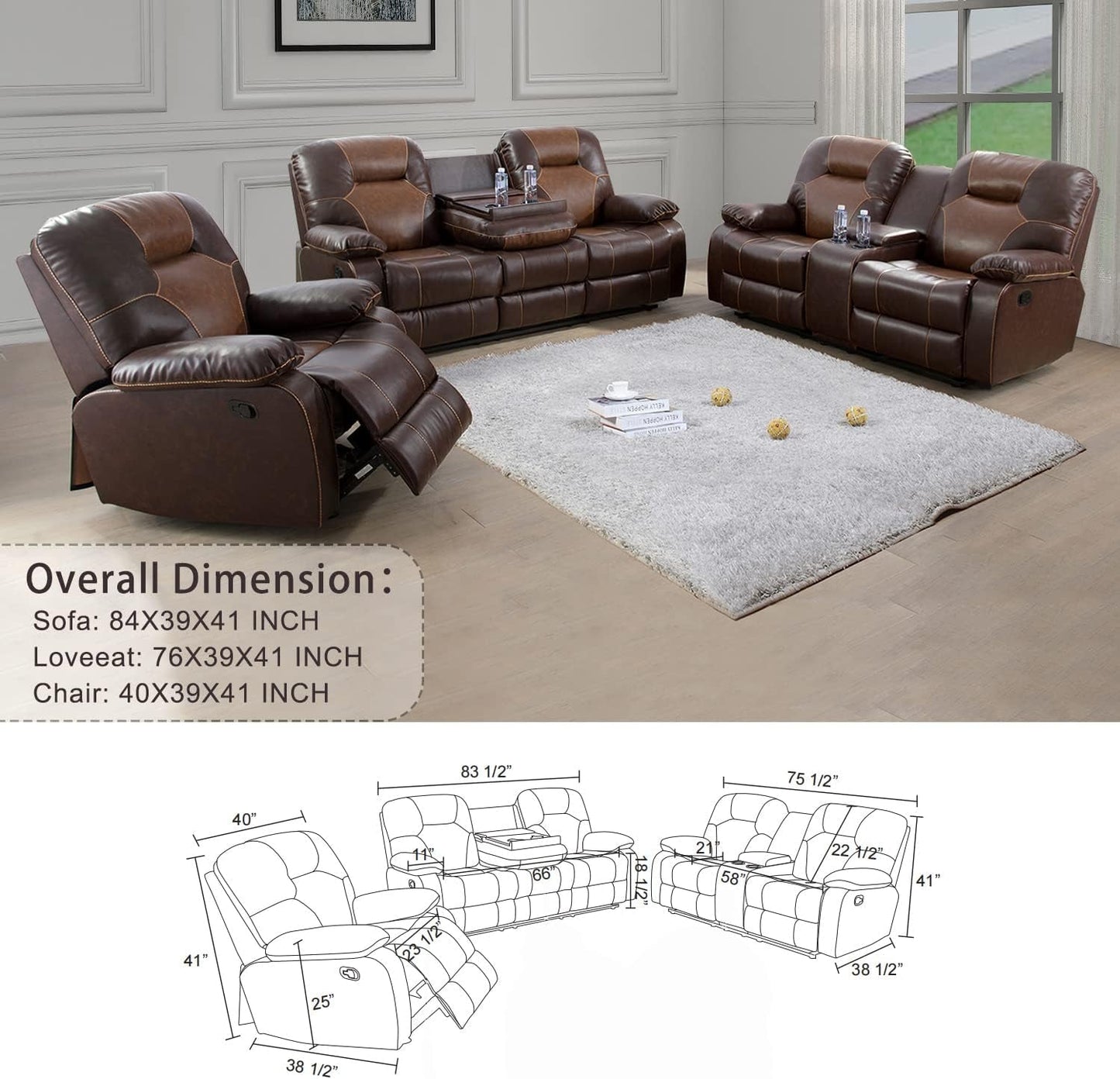 Manual Recliner Sofa Set, Bonded Leather Sofa with Recliners, Reclining Couch with Storage Console and Cup-Holders for Living Room/House/Bedroom/Office/Apartment (Brown / 3 Pieces Set)-4
