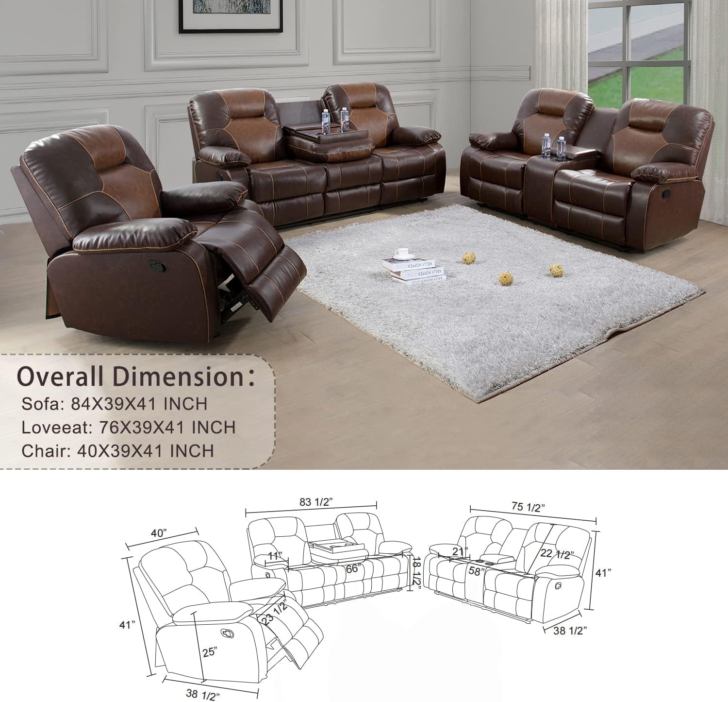 Manual Recliner Sofa Set, Bonded Leather Sofa with Recliners, Reclining Couch with Storage Console and Cup-Holders for Living Room/House/Bedroom/Office/Apartment (Brown / 3 Pieces Set)-4