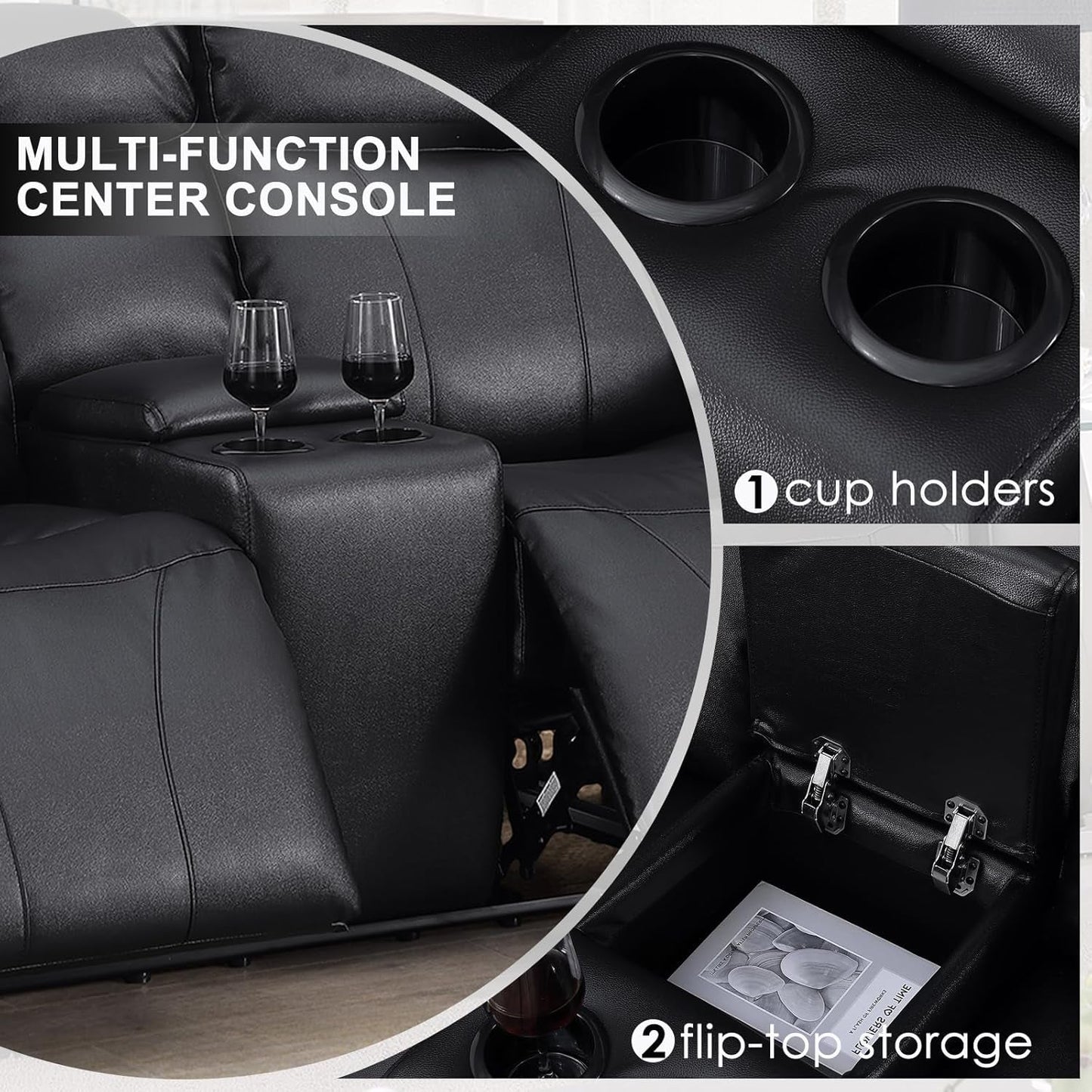 Power Recliner Sofa Set, 3 Piece Reclining Sofa for Living Room, PU Leather Home Theater Seating Recliner Couch Set with Storage and Cup Holders (Black)-3