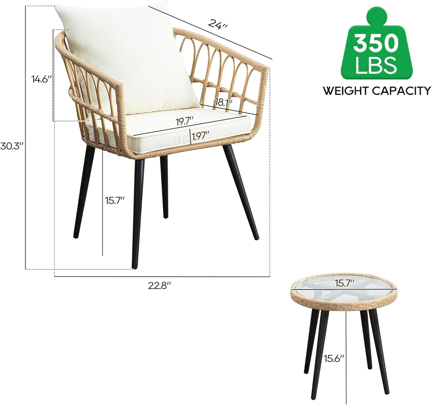 3 Piece Patio Bistro Set, Outdoor Wicker Apartment Balcony Furniture Sets, Rattan Table and Chairs Set of 2 for Porch Backyard Lawn Poolside Deck, Beige-1