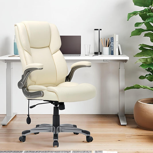 Ivory Leather Office Chairs, High Back, Flip-Up Arms, 2-Pack-0