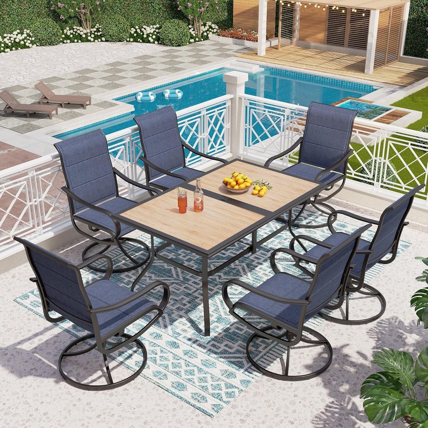 7 Piece Patio Dining Set, 6 Swivel Patio Chairs with Padded Textilene Fabric & Rectangular Dining Table (1.6" Umbrella Hole), All Weather Patio Chairs and Table Set for Deck Lawn (Blue)-0