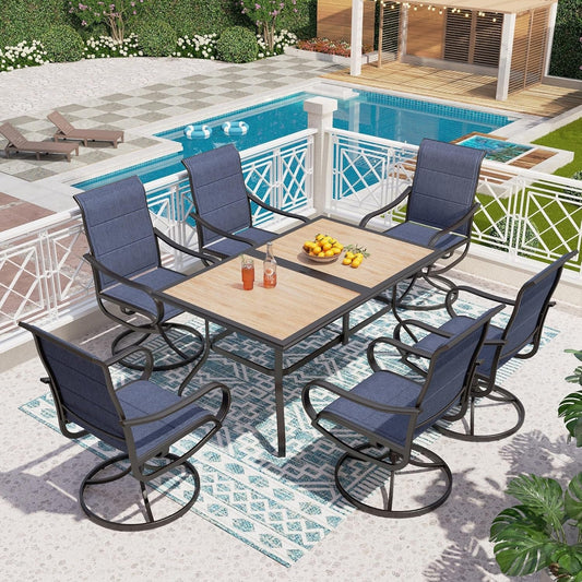 7 Piece Patio Dining Set, 6 Swivel Patio Chairs with Padded Textilene Fabric & Rectangular Dining Table (1.6" Umbrella Hole), All Weather Patio Chairs and Table Set for Deck Lawn (Blue)-0