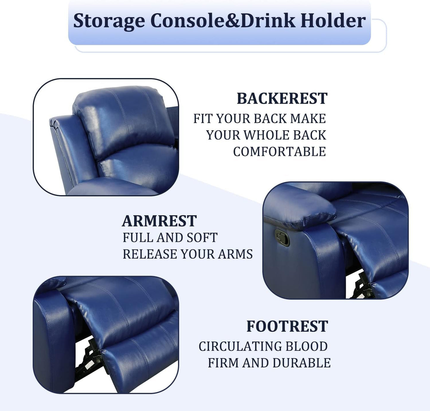 Leather Recliner Sofa Set, Living Room Furniture Set, Leather Reclining Sofa Recliner Couch for Office Home (Sofa+Loveseat+Chair, Blue)-3