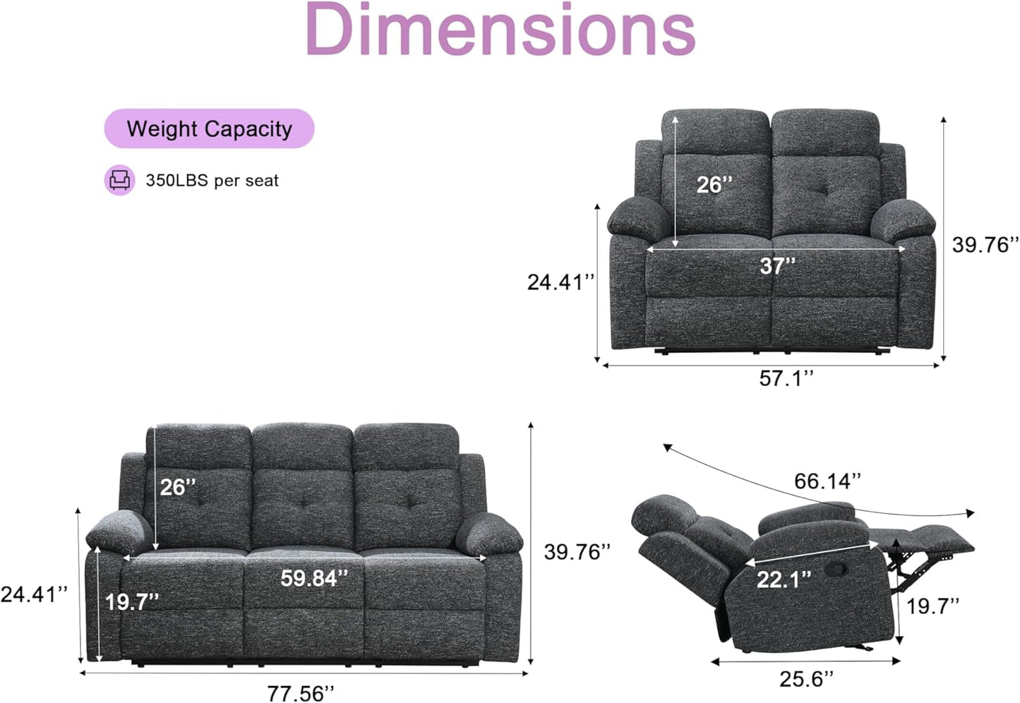 Breathable-Chenille-Fabric-Reclining-Sofa-And-Loveseat-Set, Double-Recliner-For-Living-Room, Manual-Reclining-Sofa,Soft/Drop down Table(Charcoal Gray)-1