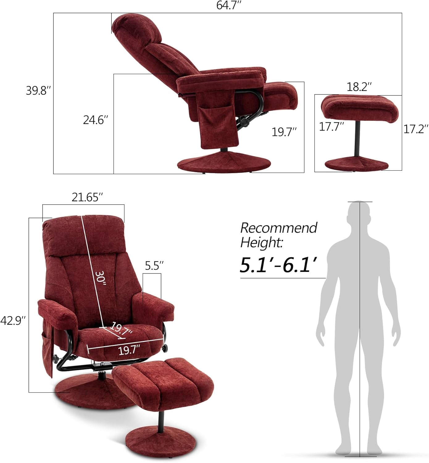 Swivel Recliner with Ottoman, TV Chair with Vibration Massage, Ideal for RV Small Space, Living Room & Bedroom 4539 4828 (Textile, Burgundy)-2