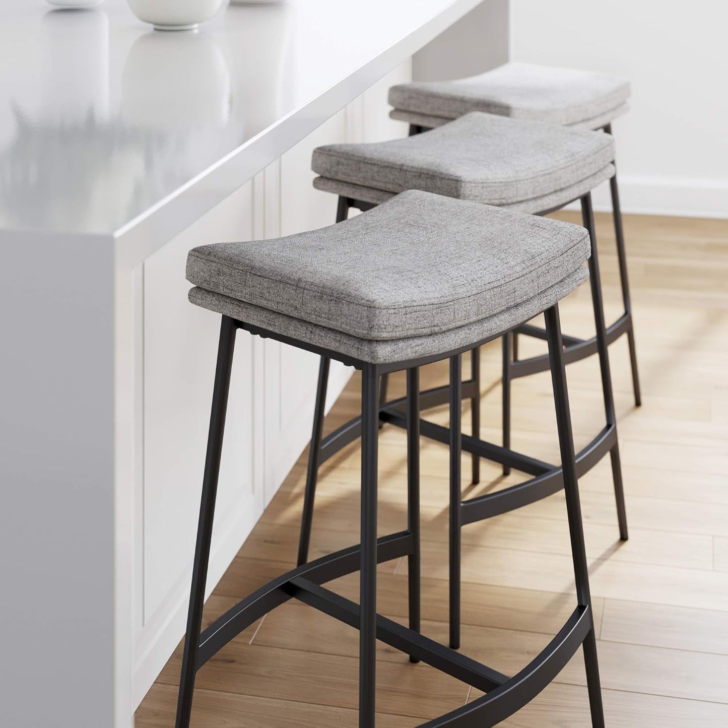 22201 Arlo Modern Backless Upholstered Kitchen Counter Bar Stool with Double-Layered Saddle Seat and Metal Base, Grey/ Matte Black-3