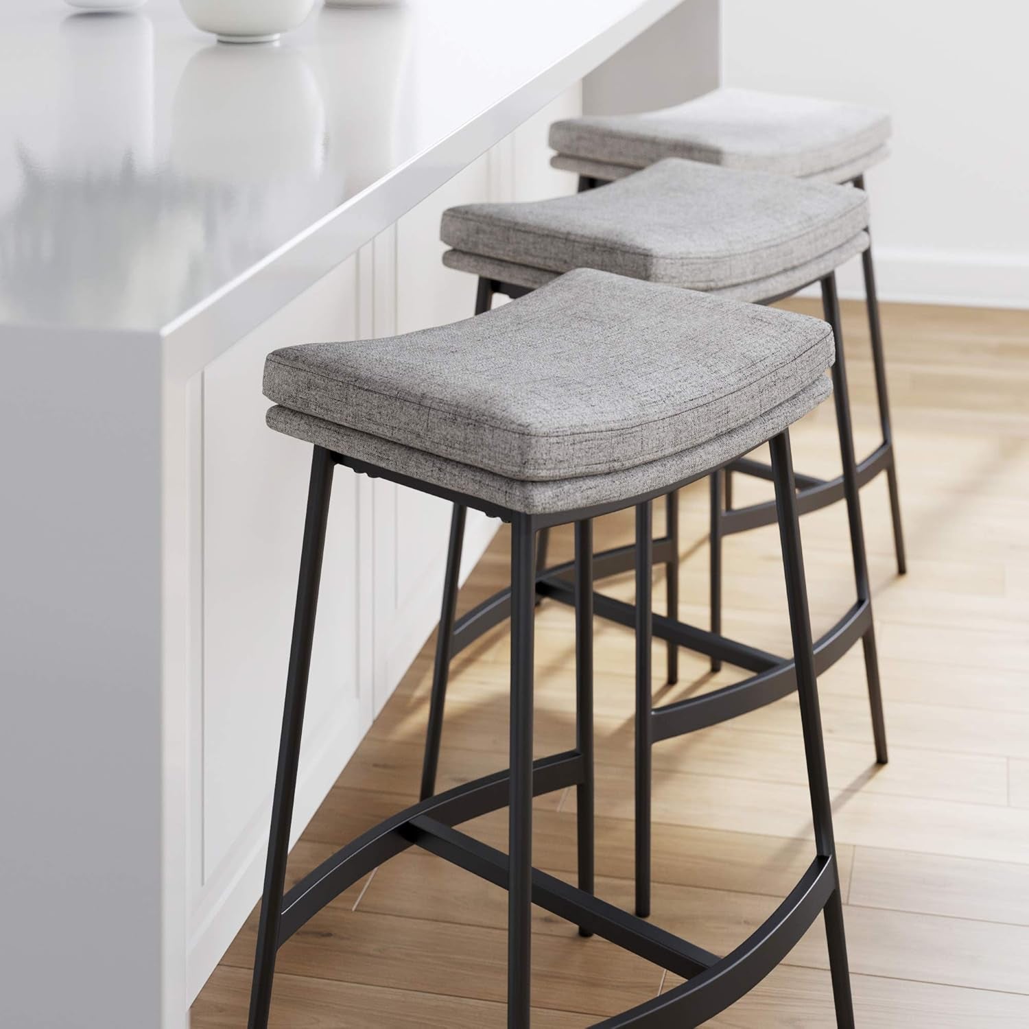22201 Arlo Modern Backless Upholstered Kitchen Counter Bar Stool with Double-Layered Saddle Seat and Metal Base, Grey/ Matte Black-3