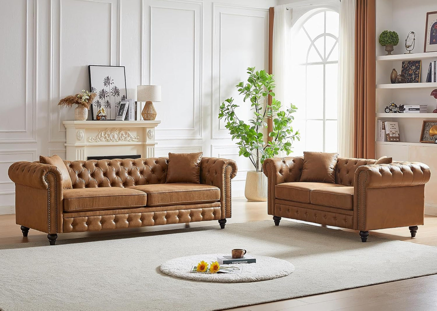 2 Piece Living Room Sofa Set,Button Tufted Couch and Loveseat Set with Nailhead Trim&Roll Armrest,Upholstered Mid Century Modern Couch,Chesterfield Sofa for Living Room,Office(Loveseat+3 Seater,Brown)-0