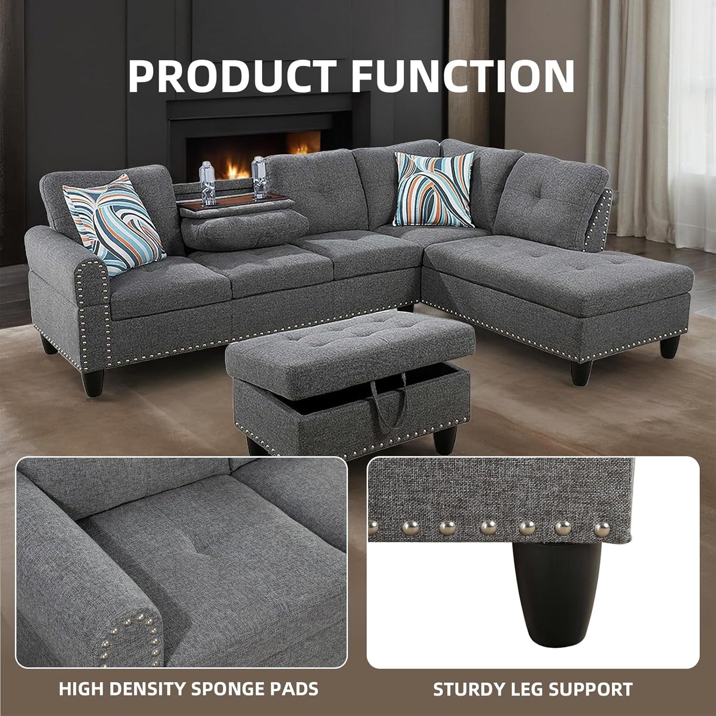 L Shaped Sectional Sofa with Ottoman, Nail-Head Design Linen Right Facing Modern Couches with Cup Holder for Living Room, Bedroom, Office-2