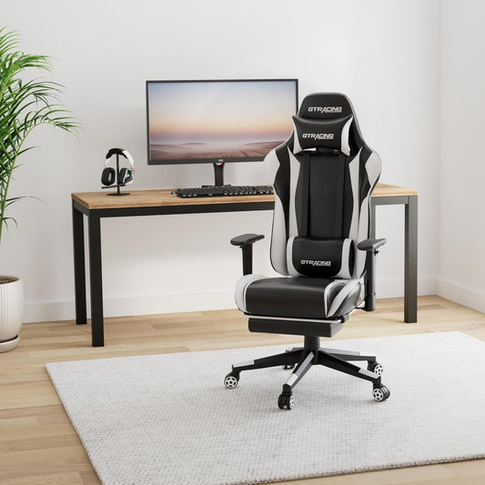 Gaming Chair with Footrest, Ergonomic Computer Game Desk Chair, Reclining Gamer Chair Seat Height Adjustment, Swivel Rocker with Headrest and Lumbar (White)-1