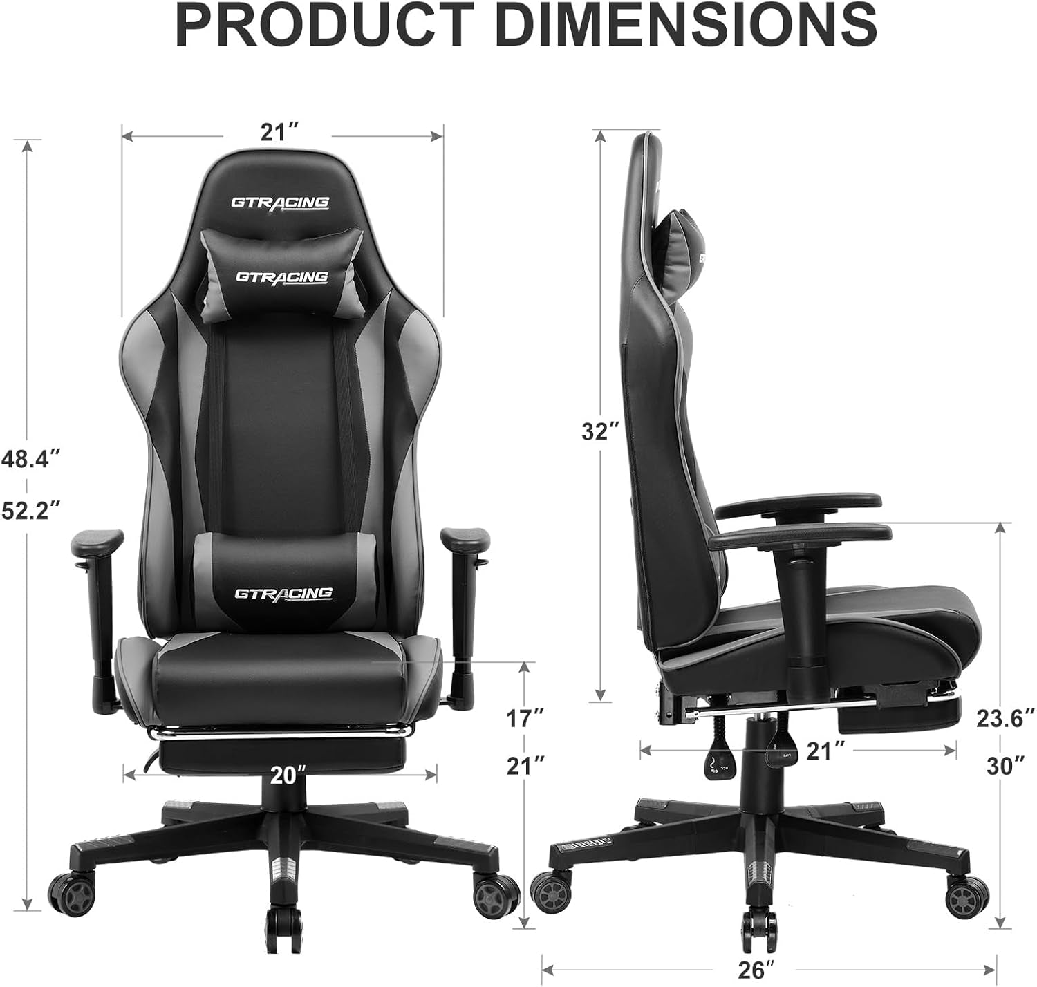 Gaming Chair with Footrest, Ergonomic Computer Game Desk Chair, Reclining Gaming Chair Seat Height Adjustment, Swivel Rocker with Headrest and Lumbar (Gray)-1