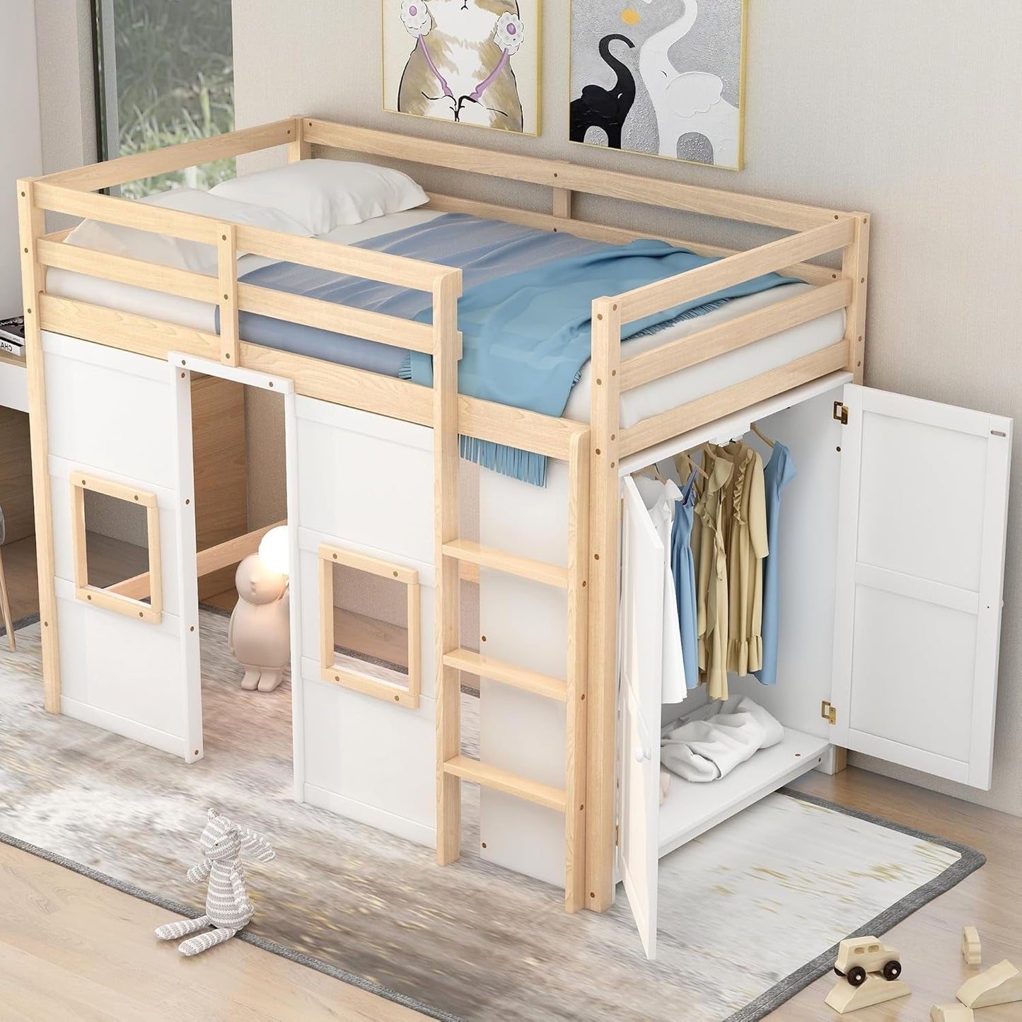 Playhouse Design Twin Size Loft Bed with Built-In Storage Wardrobe and 2 Windows, Solid Wood Loft Bed Frame with Safety Guardrail for Kids Teens Boys Girls, Space-Saving (Whit+Natural)-2
