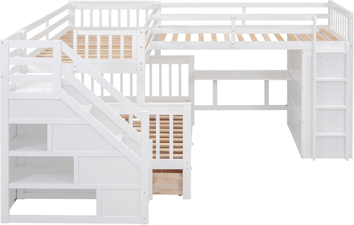 L-Shape Triple Bunk Beds with Stairs and Desk, Twin over Full Bunk Bed with Storage Wardrobe, Shelves and Drawers, Wood 3 Beds Bunk Bed with Staircase for Kids Boys Girls Teens, White-3