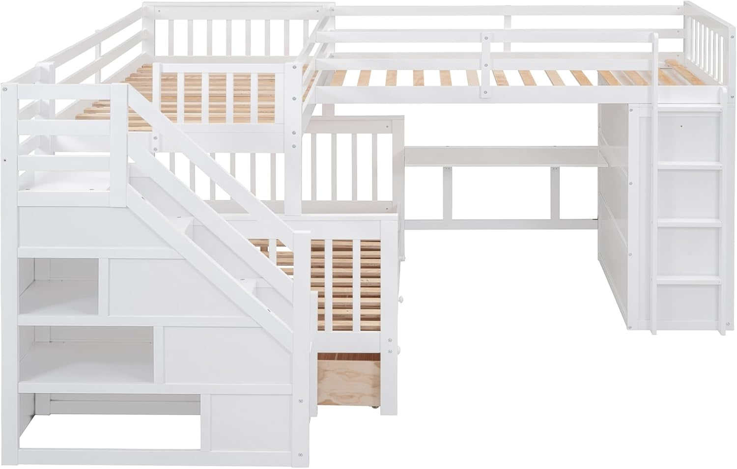 L-Shape Triple Bunk Beds with Stairs and Desk, Twin over Full Bunk Bed with Storage Wardrobe, Shelves and Drawers, Wood 3 Beds Bunk Bed with Staircase for Kids Boys Girls Teens, White-3