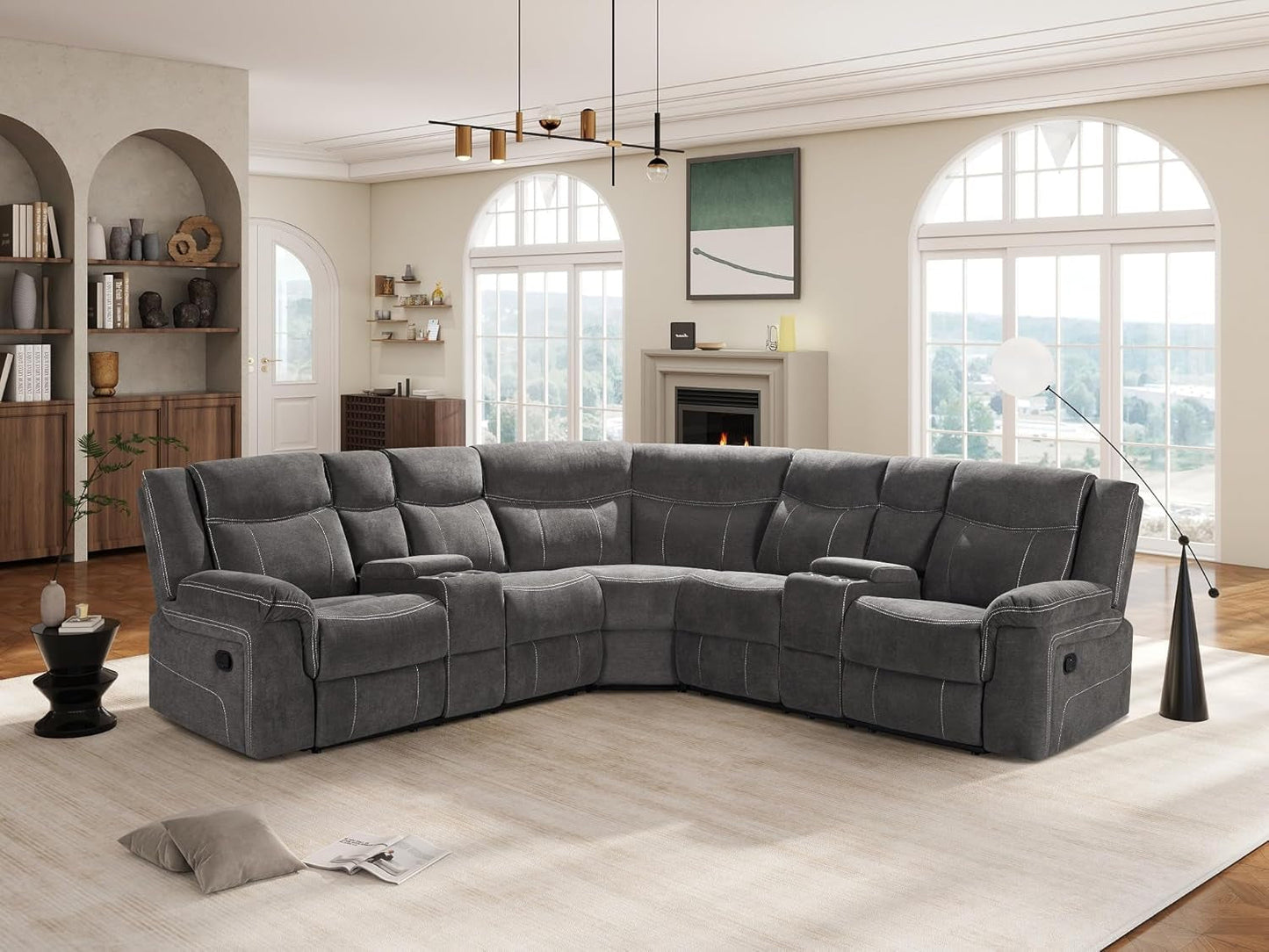 Manual Reclining Sectional Sofa  Premium Fabric, Console-0