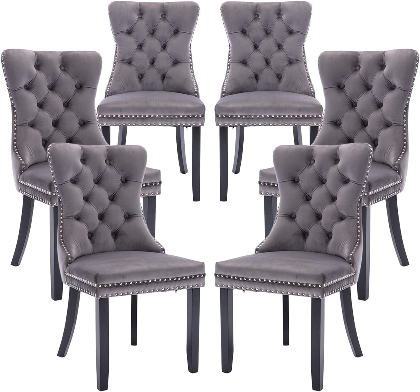 Grey Velvet Tufted Dining Chairs Set of 6-0