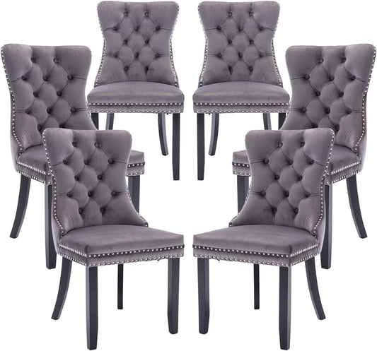 Grey Velvet Tufted Dining Chairs Set of 6-0