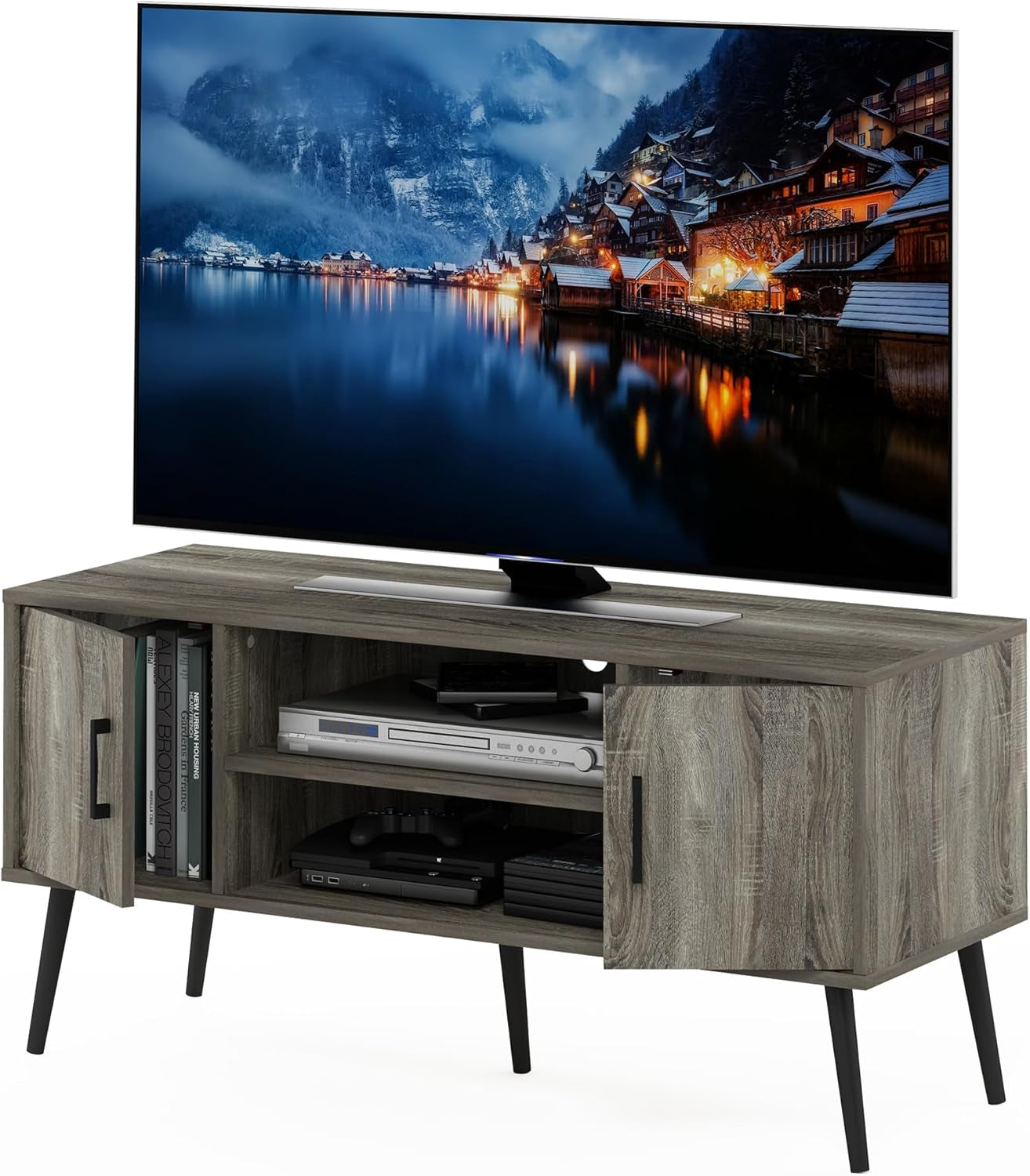 Claude Mid Century Style Wood Legs TV Stand for TV Size up to 50 Inch with Two Cabinets, French Oak-3