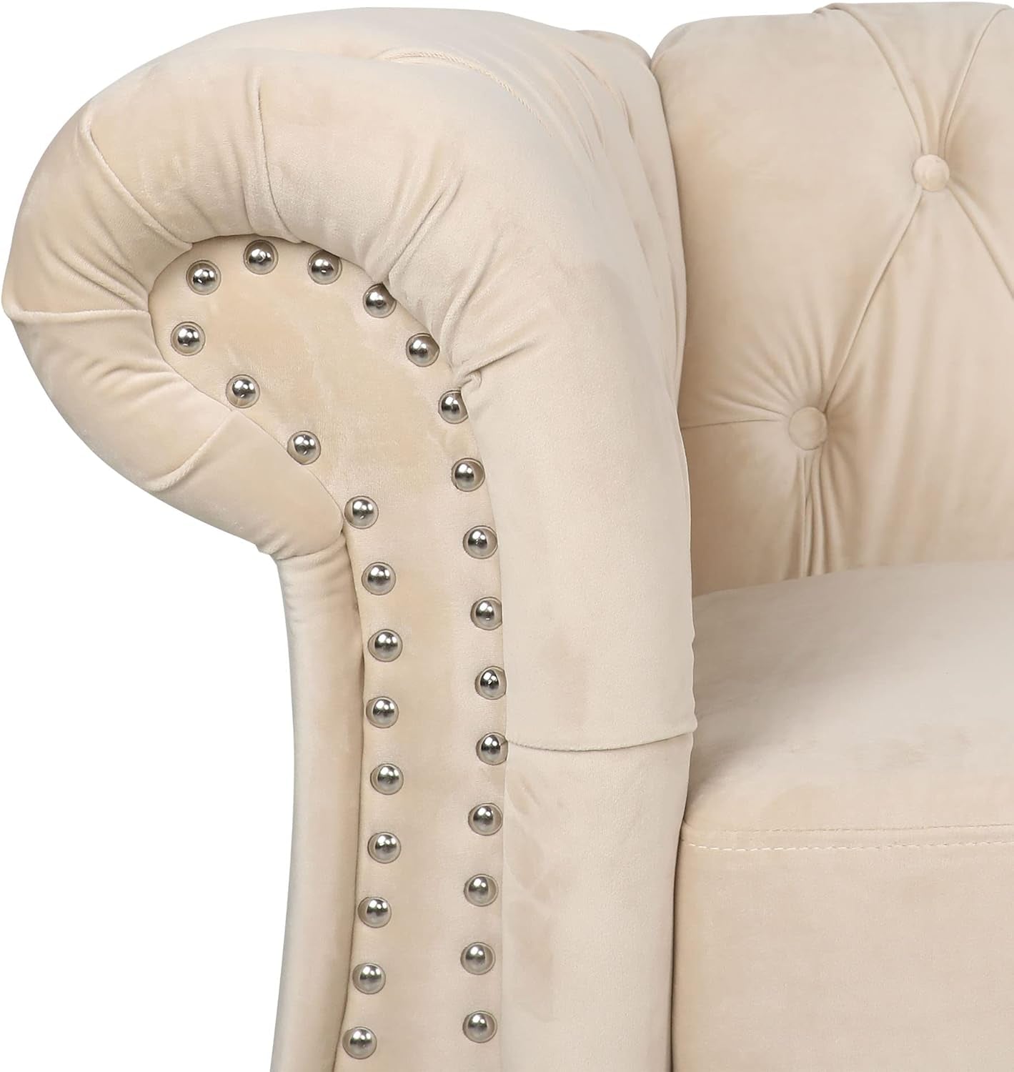 3 Pieces of Living Room Furniture Sofa Sets, Modern Velvet Chesterfield Sofa&Chesterfield Club Chair&Chesterfield Loveseat Sofas Set with Nailhead Trims Scroll Arms for Living Room (Beige)-4
