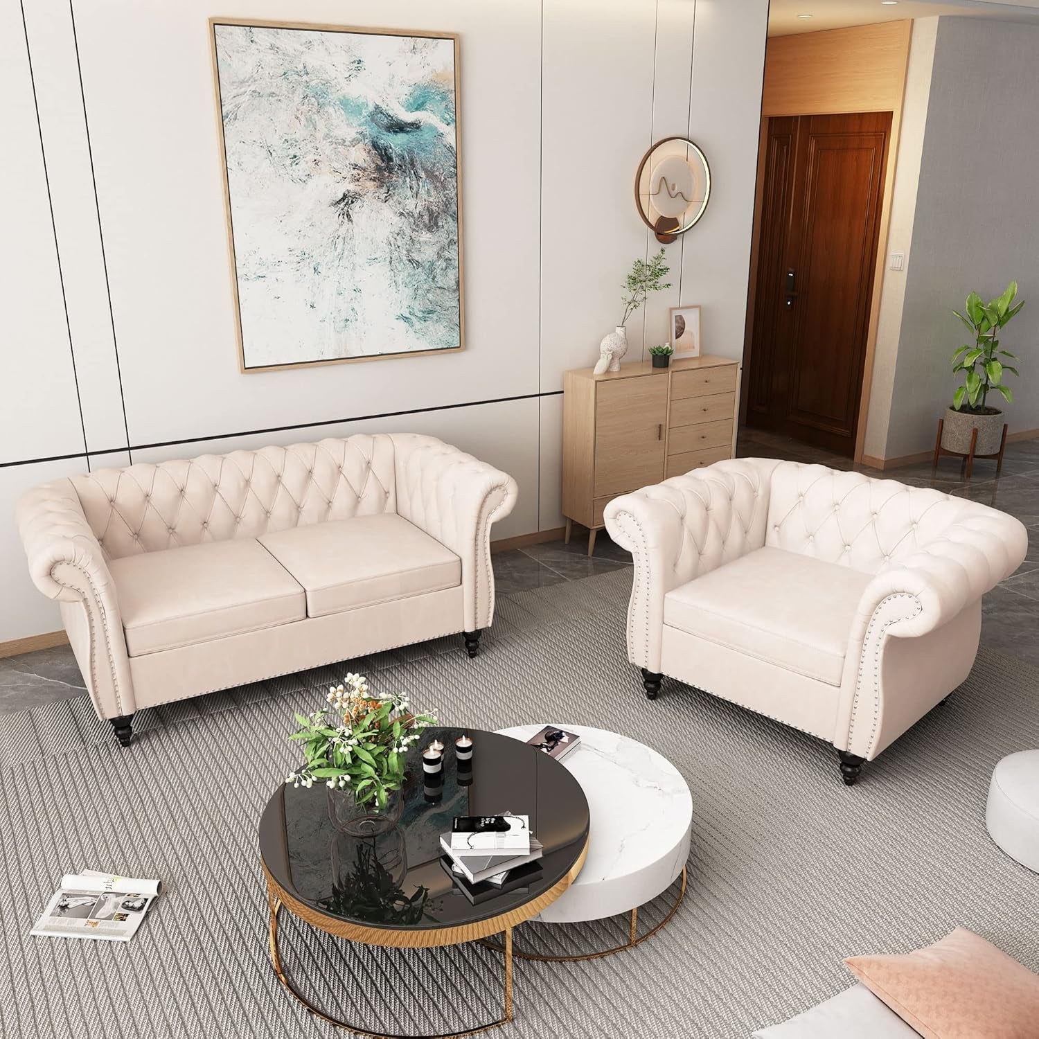 2 Piece Living Room Set, Chesterfield Velvet Sofa Loveseat Couch Chair with Scroll Arms and Nailhead for Living Room, Office (Beige, 1-2)-0