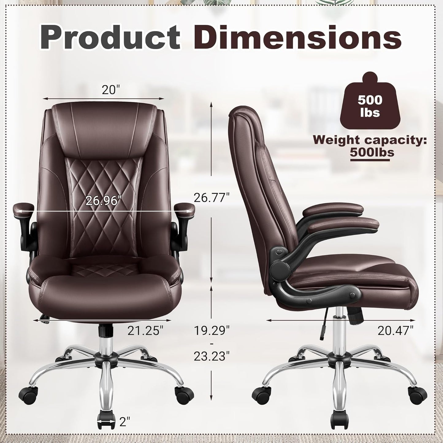Executive Office Chair, Ergonomic High Back with Adjustable Flip-Up Armrest, Swivel Leather-Papped Seats with Lumbar Support, Brown-2