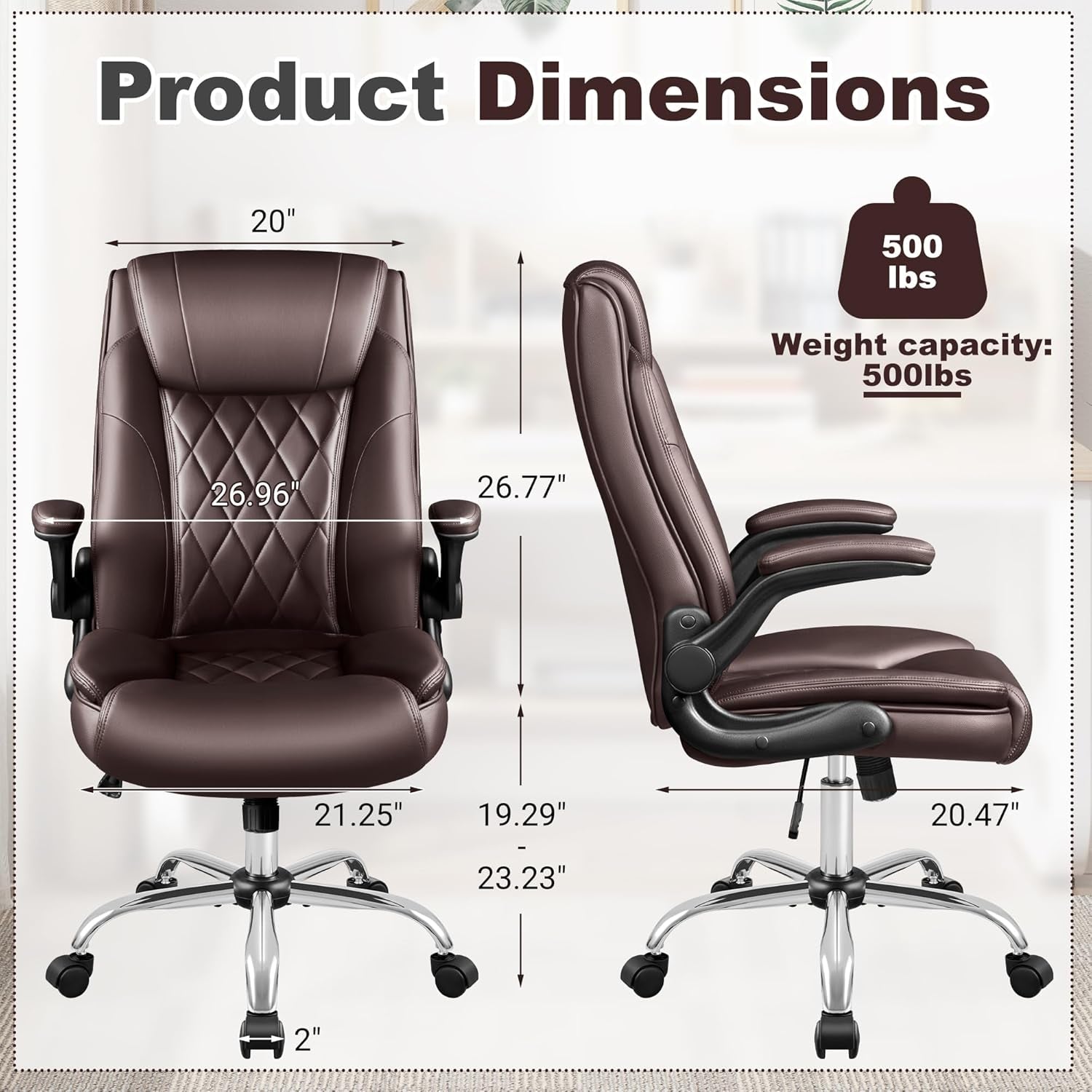 Executive Office Chair, Ergonomic High Back with Adjustable Flip-Up Armrest, Swivel Leather-Papped Seats with Lumbar Support, Brown-2