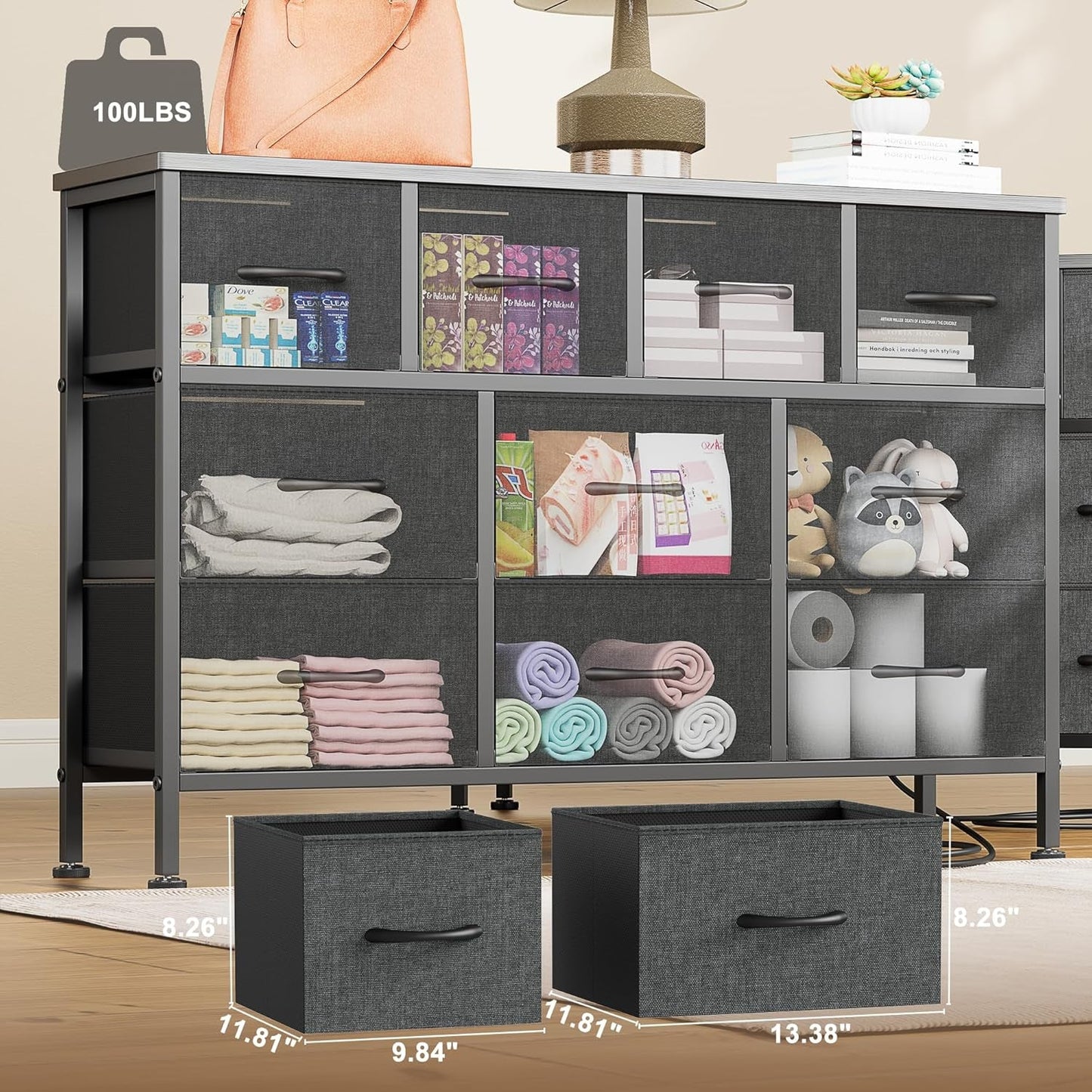 Dresser for Bedroom 10 Drawer Bedroom TV Stand with Power Outlet, Entertainment Center Chest of Drawers, Long Fabric Dresser for Living Room save Space Grey-3