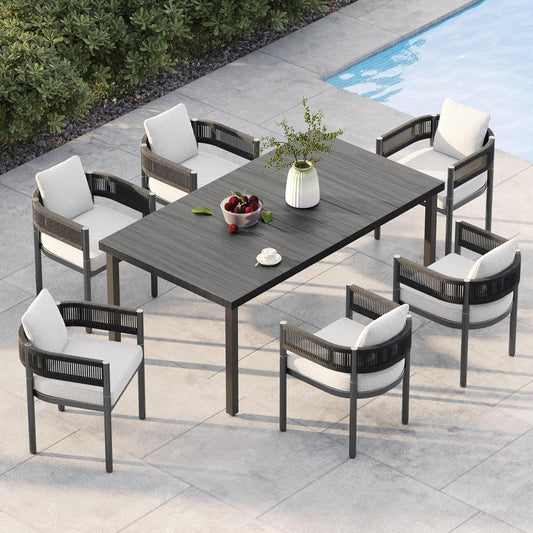 Outdoor Dining Set for 6, 7 PCS Patio Table and Chairs Set, Metal Woven Wicker Fixed Patio Chairs with Thickened Cushions & 1 Rectangular Woodgrain Dining Table with Umbrella Hole (Black)-0