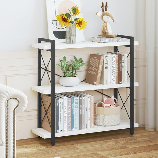 Bookshelf, 3-Tier Industrial Bookcase, Open Book Shelf, Freestanding Horizontal Bookshelves with Metal Frame-0