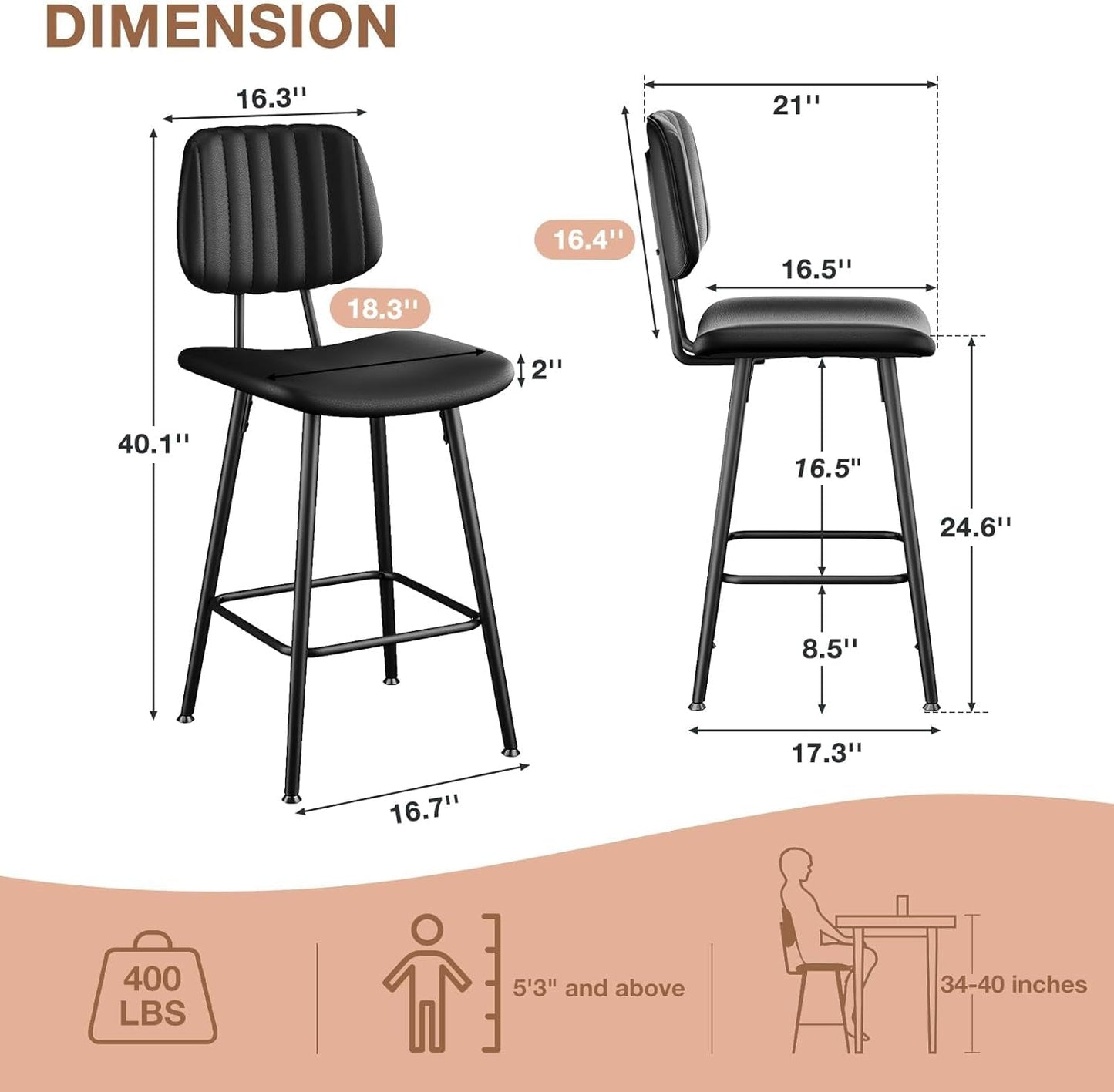 Bar Stools Set of 2, 24.6 Inch Counter Height Barstools, High Backrest Faux Leather Upholstered Counter Stools with Armless Footrest Modern Bar Chairs Tall Pub Stools for Kitchen Dining,Black-1