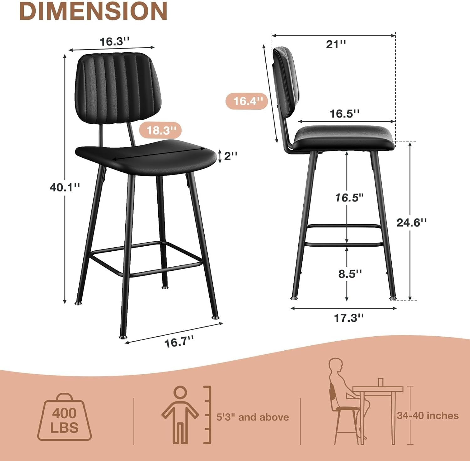 Bar Stools Set of 2, 24.6 Inch Counter Height Barstools, High Backrest Faux Leather Upholstered Counter Stools with Armless Footrest Modern Bar Chairs Tall Pub Stools for Kitchen Dining,Black-1