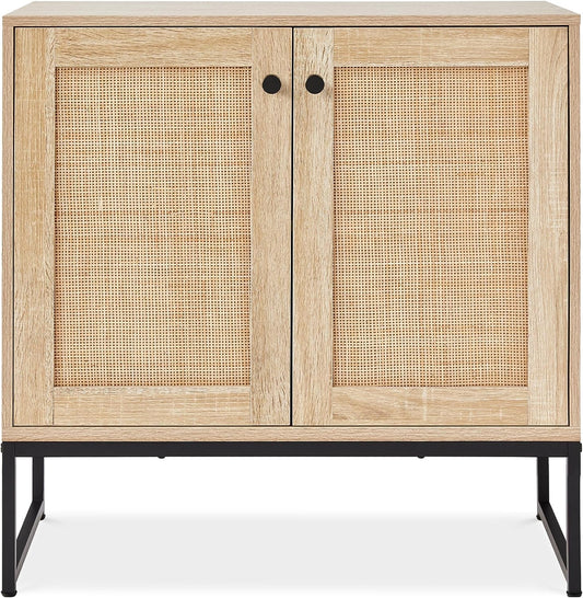 2-Door Rattan Storage Cabinet, Accent Furniture, Multifunctional Cupboard for Living Room, Hallway, Kitchen, Sideboard, Buffet Table W/Non-Scratch Foot Pads - Natural-0
