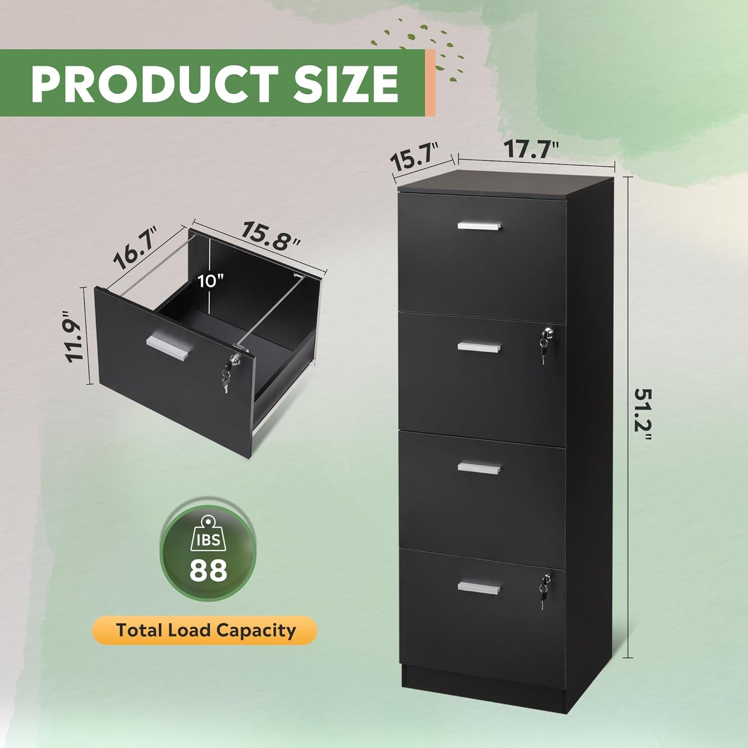 4 Drawer File Cabinet with Lock, Vertical Filing Cabinet for A4/Letter Size Files, Wood Storage Cabinet for Home Office, Black-2