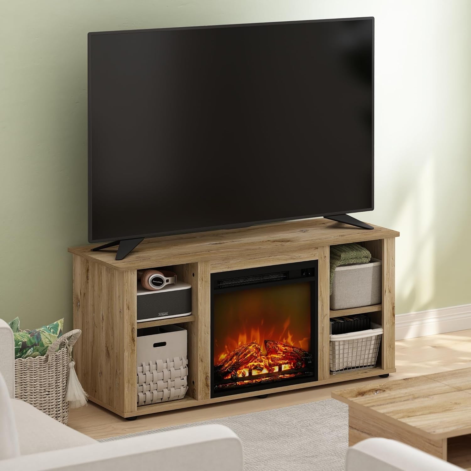 Jensen Entertainment Center TV Stand with Fireplace for TV up to 55 Inch, Flagstaff Oak-1