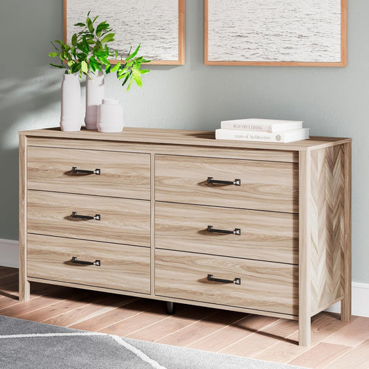 Battelle Mid-Century Modern 6 Drawer Dresser with Chevron Pattern and Safety Stop for Bedroom, Light Brown-1
