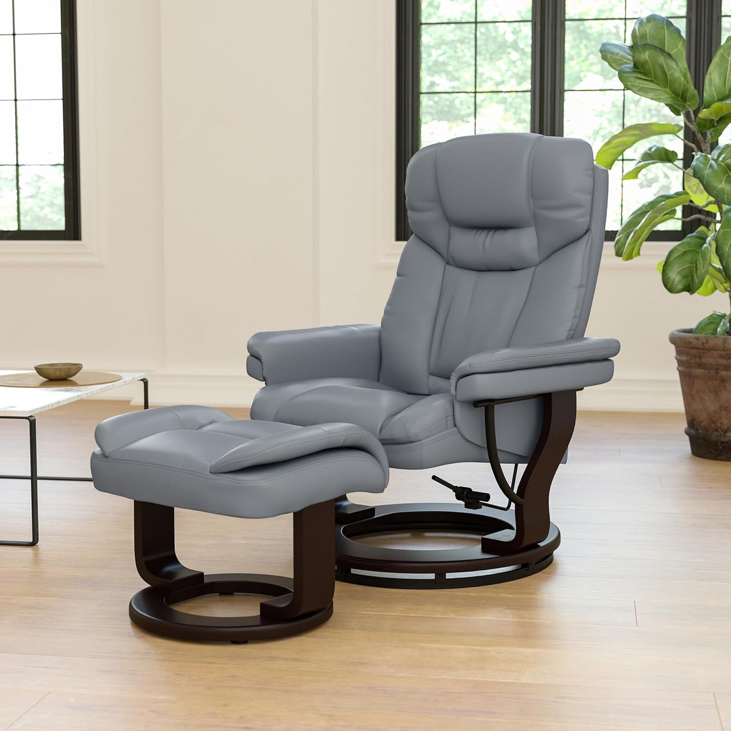 Allie Contemporary Multi-Position Recliner and Curved Ottoman with Swivel Mahogany Wood Base in Gray Leathersoft-1