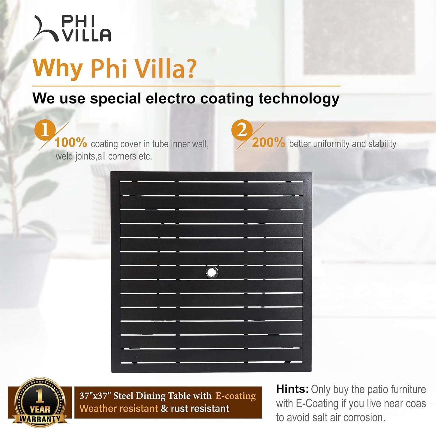 5-Piece Metal Patio Outdoor Table and Chairs Dining Set- 37" Square Bistro Table and 4 Backyard Garden Chairs, Table with 1.57" Umbrella Hole-1