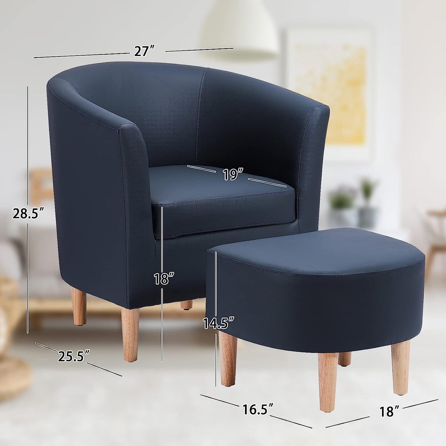 Navy Blue Mid Century Accent Chair with Ottoman-2