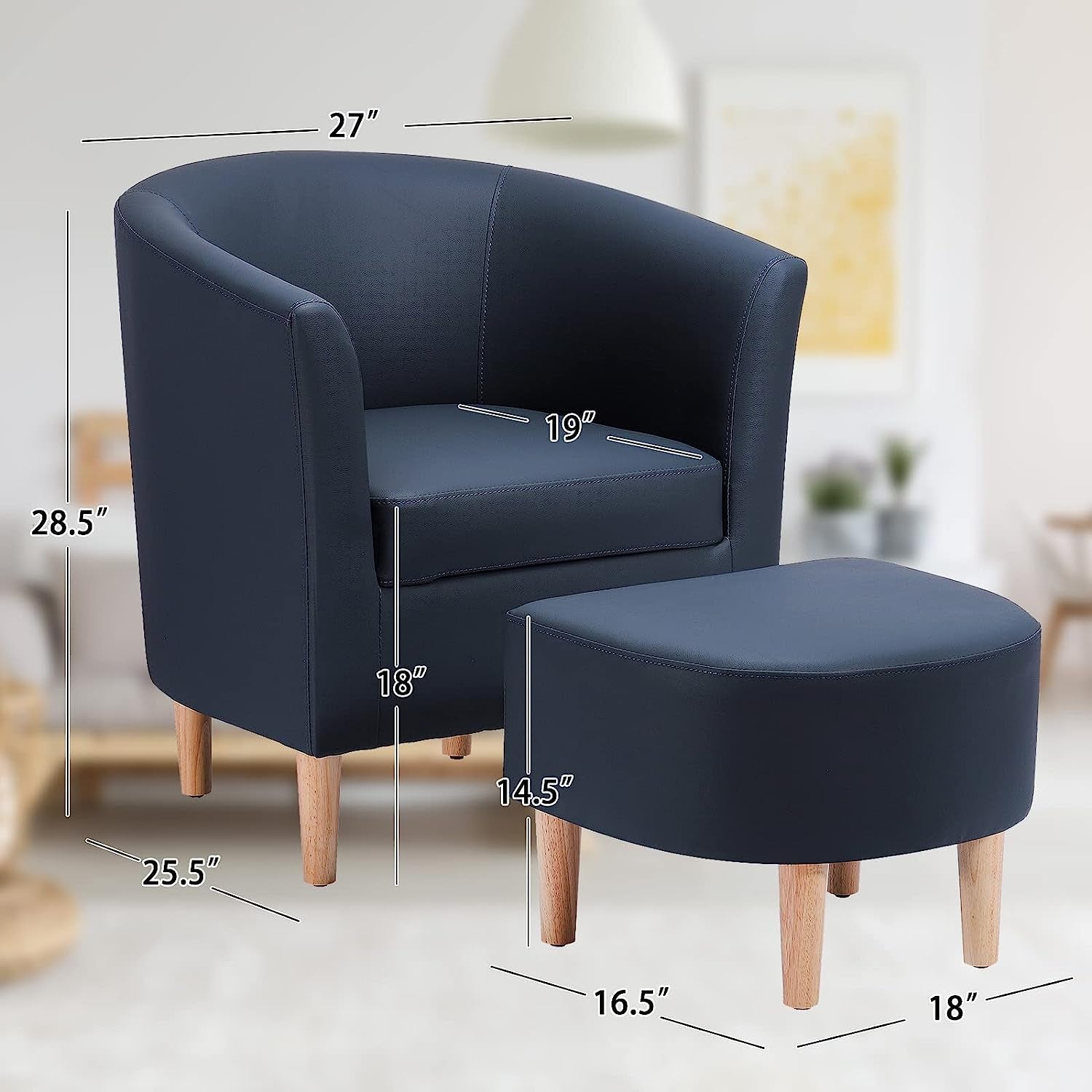 Navy Blue Mid Century Accent Chair with Ottoman-2