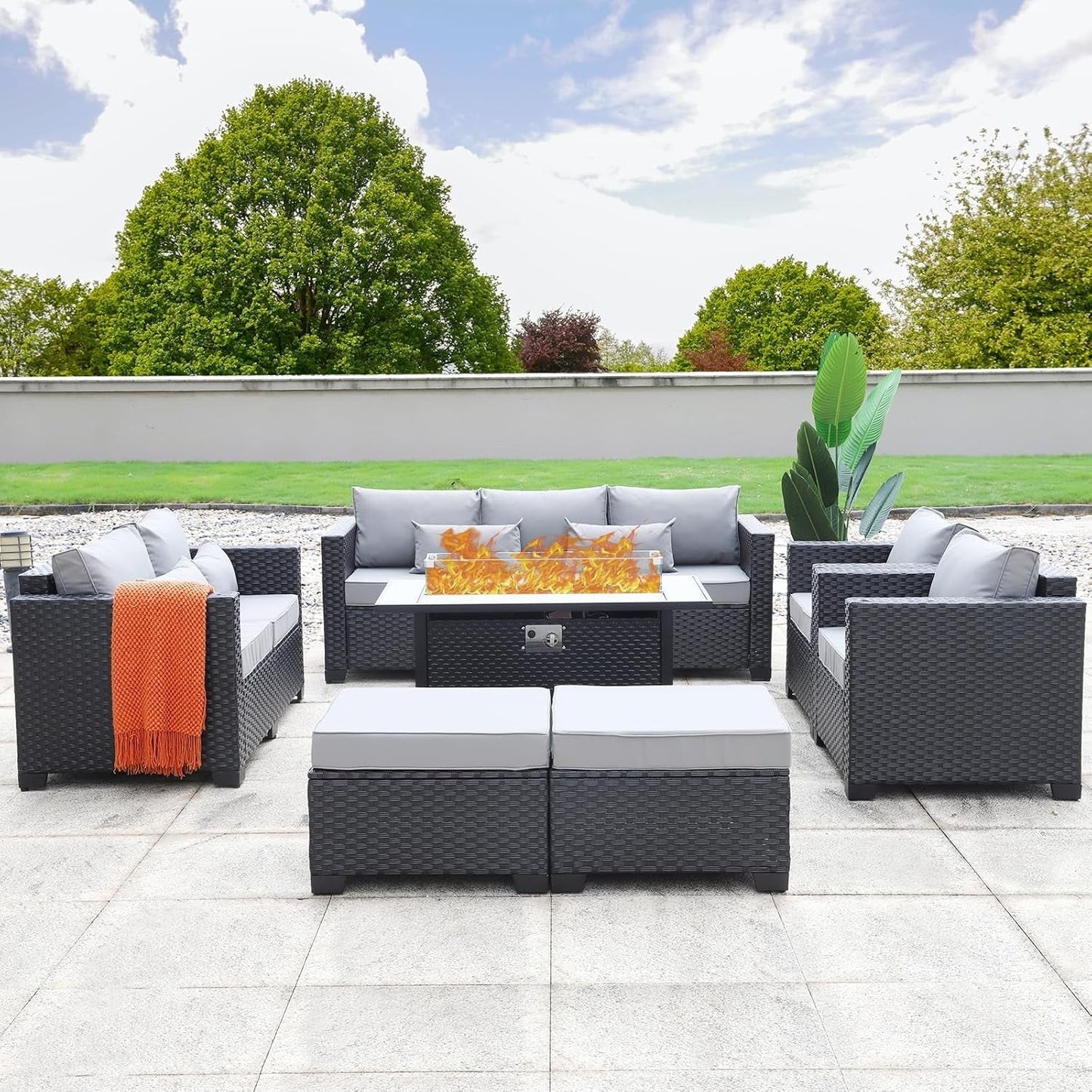 7 PCS Outdoor Furniture Sets 60000BTU 45-Inch Outdoor Propane Fire Pit Table Patio Furniture Set No-Slip Cushions and Waterproof Covers, Light Grey-0