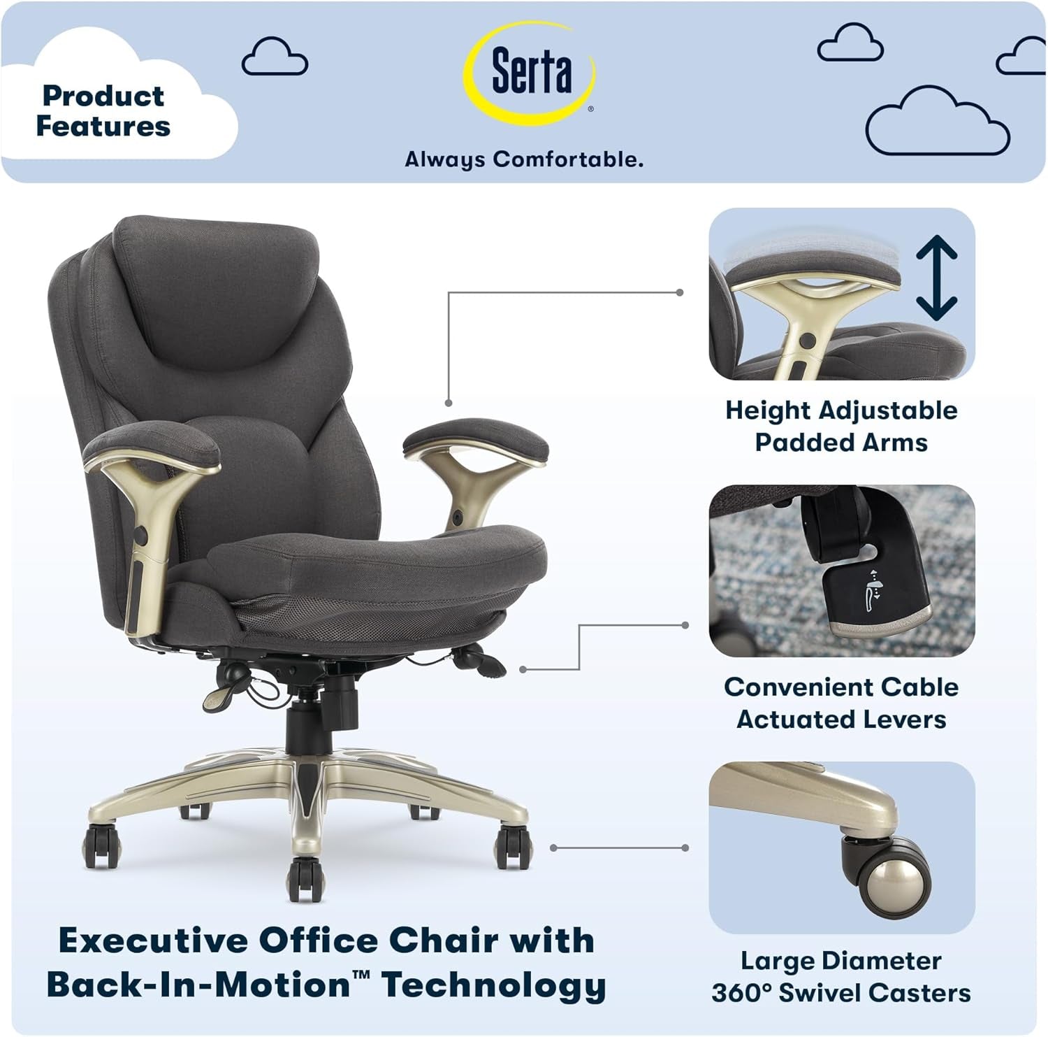 Claremont Ergonomic Executive Office Chair with Back in Motion Technology, Adjustable Mid Back Desk Chair with Lumbar Support, Fabric, Dark Gray-2